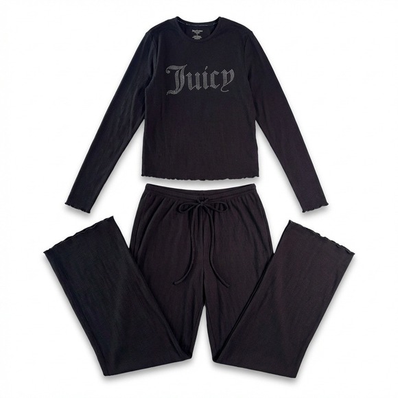 Juicy Couture Other - Juicy Couture XL Lounge Set Black Ribbed Rhinestone Logo Pajamas Y2K McBling 2pc